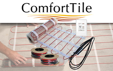 ComfortTile floor heating mat, cable spools, and thermostat